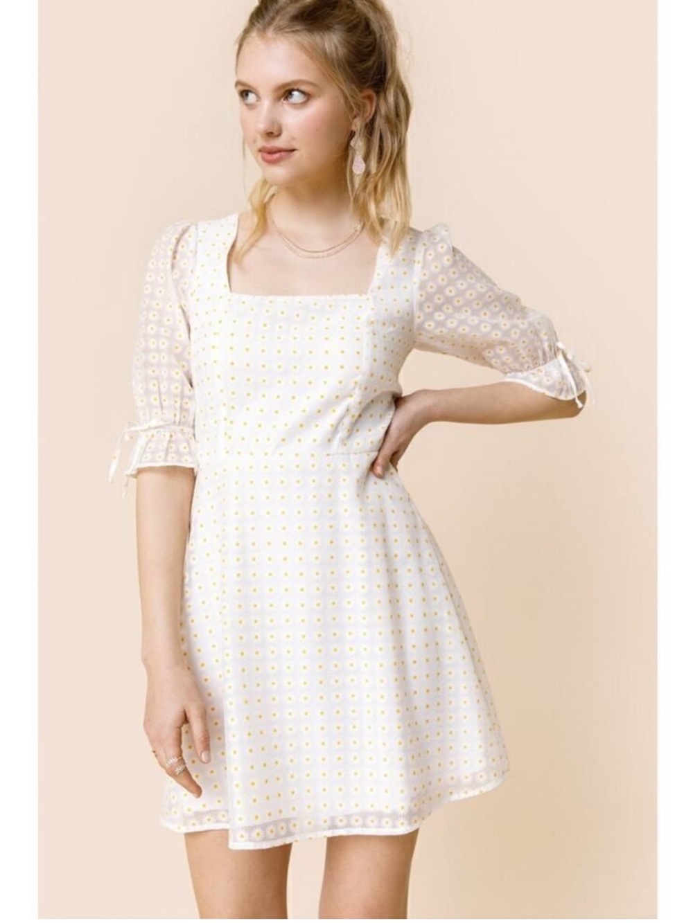 Francesca’s Mi Ami Shundra Daisy Mini Dress Cottagecore Sheer
Sleeves With Ties